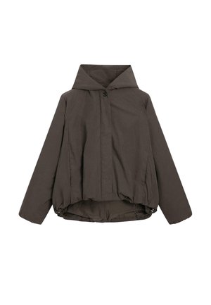 Ciemnobrązowa kurtka z kapturem, z elastycznym dołem, długimi rękawami i zapięciem na guziki z przodu, wyeksponowana na białym tle.