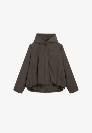 Dunkelbraune Kapuzenjacke mit elastischem Saum, langen Ärmeln und vorderem Knopfverschluss, auf einem weißen Hintergrund präsentiert.