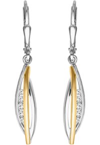 Silver- och gulddroppörhängen med ett bladformigt design med kurvor, prydda med fem glittrande ädelstenar i rad. Slät textur.