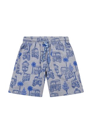 Grijze korte broek met blauwe tuk-tuk en palmboom patronen, voorzien van een elastische tailleband met een blauw-witte trekkoord.