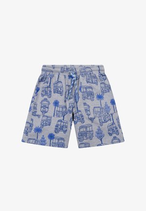 Grijze korte broek met blauwe tuk-tuk en palmboom patronen, voorzien van een elastische tailleband met een blauw-witte trekkoord.