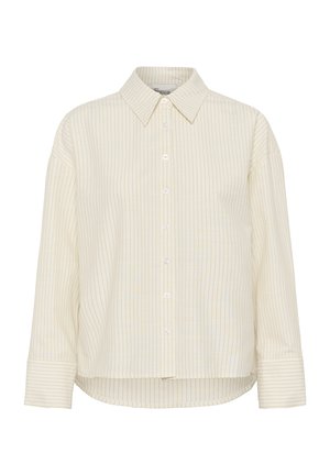 Cream long-sleeve button-up shirt with thin vertical stripes and a pointed collar, featuring a slightly curved hem and cuffed sleeves.