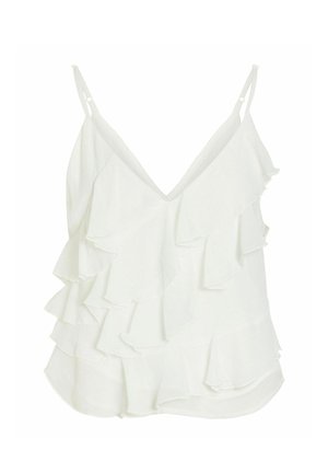 Fehér ujjatlan blúz vékony pántokkal és elöl valamint az oldalakon hullámzó fodor részletekkel.