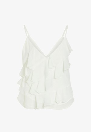 Fehér ujjatlan blúz vékony pántokkal és elöl valamint az oldalakon hullámzó fodor részletekkel.