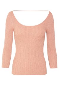 Różowa top z długim rękawem o prążkowanej fakturze. Posiada szeroki, okrągły dekolt i dopasowany krój, podkreślający teksturę i kształt.