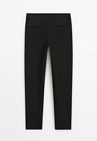 Black trousers with a tailored design, featuring two front pockets, a smooth texture, and a narrow leg fit. No visible hardware or patterns.