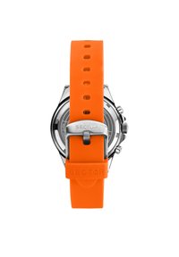 Orologio con cinturino in silicone arancione e cassa in acciaio inossidabile, caratterizzato da un quadrante nero e dettagli in argento, inclusa una fibbia e il logo del marchio.