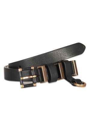 Ceinture en cuir noir dotée d'une boucle rectangulaire avec une finition dorée brossée, surface texturée et un détail supplémentaire en forme de boucle.