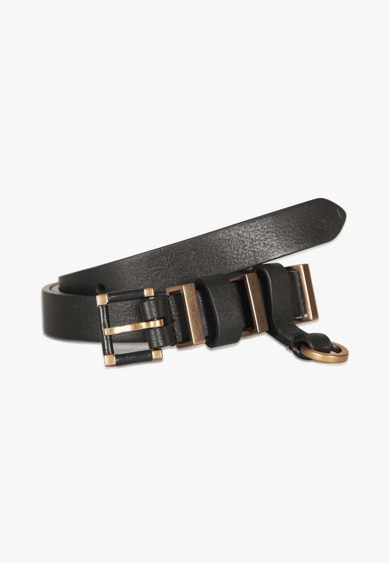 Ceinture en cuir noir dotée d'une boucle rectangulaire avec une finition dorée brossée, surface texturée et un détail supplémentaire en forme de boucle.