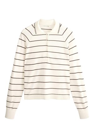 Polo à manches longues blanc avec de fines rayures horizontales noires et une patte de boutonnage sur le devant.