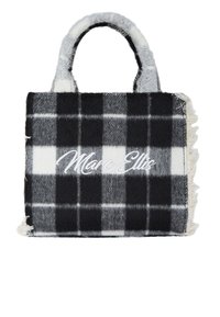 Borsa a quadri in misto lana grigia, nera e bianca con bordi sfilacciati. Presenta manici doppi in tessuto e logo "Marc Ellis" ricamato.