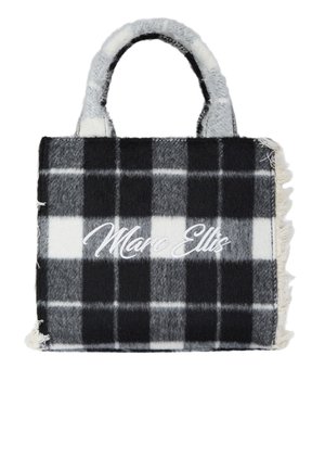 Borsa a quadri in misto lana grigia, nera e bianca con bordi sfilacciati. Presenta manici doppi in tessuto e logo "Marc Ellis" ricamato.