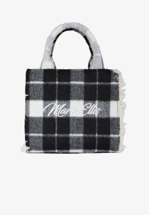 Borsa a quadri in misto lana grigia, nera e bianca con bordi sfilacciati. Presenta manici doppi in tessuto e logo "Marc Ellis" ricamato.