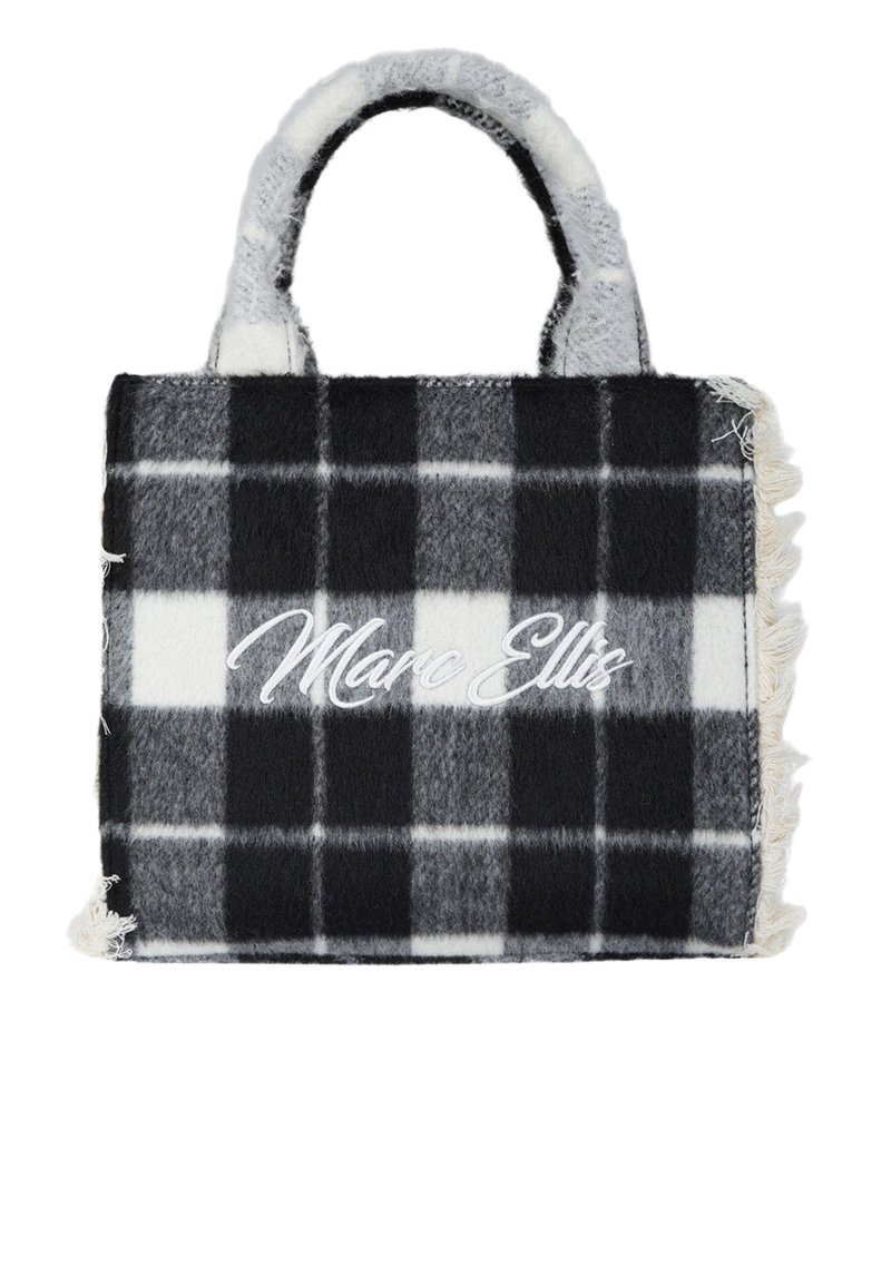 Borsa a quadri in misto lana grigia, nera e bianca con bordi sfilacciati. Presenta manici doppi in tessuto e logo "Marc Ellis" ricamato.