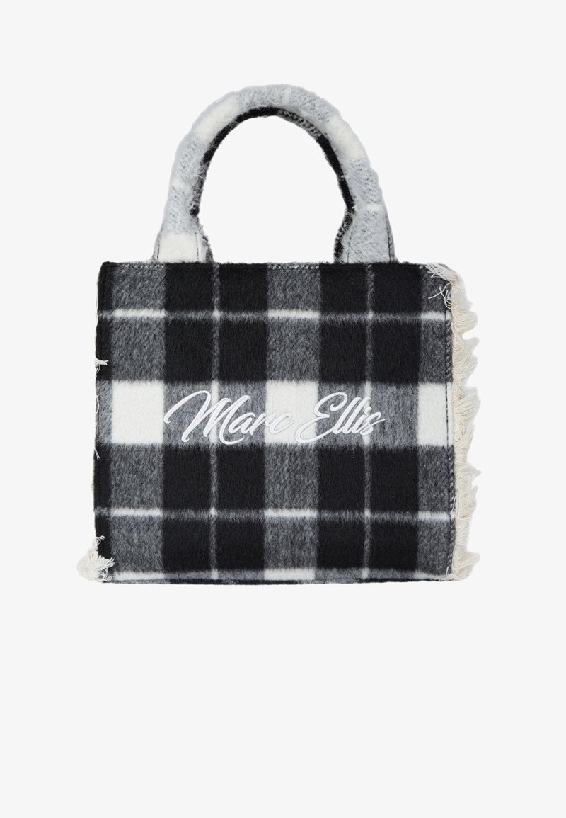 Borsa a quadri in misto lana grigia, nera e bianca con bordi sfilacciati. Presenta manici doppi in tessuto e logo "Marc Ellis" ricamato.