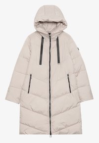 Lys beige puffjakke med hette, diagonal quiltet design, to glidelåslommer på siden og svarte snorer i kragen.