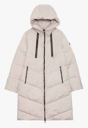 Světle béžový péřový kabát s kapucí, diagonálně prošívaný design, dvě boční kapsy na zip a černé stahovací šňůrky u límce.