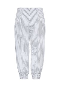 Pantalon blanc avec des rayures verticales noires, taille élastique et poignets élastiques aux chevilles.