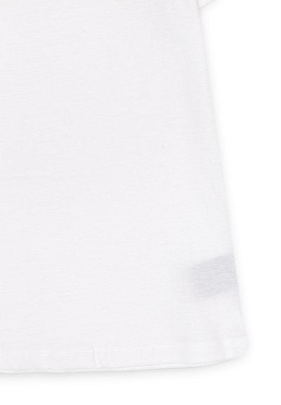 T-shirt bianco in cotone con scollo rotondo e maniche corte. Texture liscia con un piccolo accento grigio vicino all'orlo.