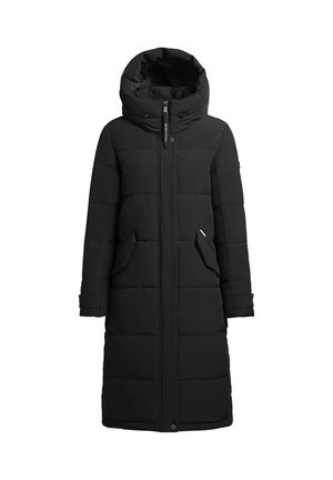Schwarze Winterjacke mit Kapuze, im geraden Design, seitlichen Taschen, gestepptem Struktur und einem Frontreißverschluss.