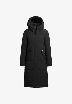 Giacca a vento nera con cappuccio, dal design dritto, con tasche laterali, texture trapuntata e chiusura frontale con zip.