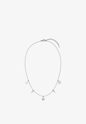Zilveren ketting met meerdere kleine ronde hangers en een karabijnsluiting met een verlengketting.