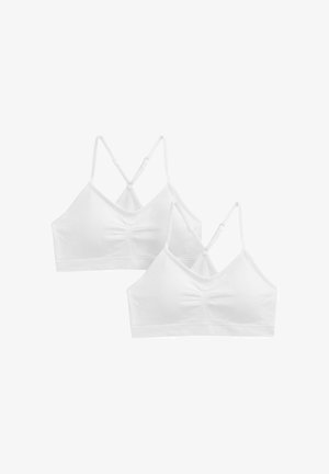 Két fehér, varrás nélküli, vékony állítható pántos, középen ráncolt elülső részű, kényelmes és könnyű tartást nyújtó vezeték nélküli melltartó.