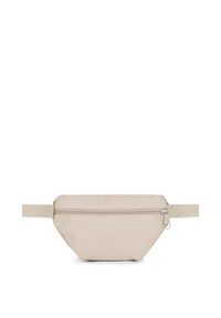 Marsupio in tessuto beige con scomparto con cerniera, forma rettangolare e tracolla regolabile. Tessuto liscio con sottili dettagli di cucitura.