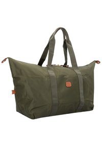 Borsa a tracolla verde oliva realizzata in nylon resistente con manici imbottiti, chiusura a zip e forma rettangolare. Presenta un accento in pelle con il logo.