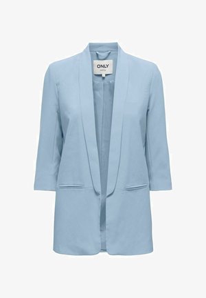Blazer bleu clair en tissu lisse avec un col châle, ouverture devant, manches trois-quarts et poches latérales.