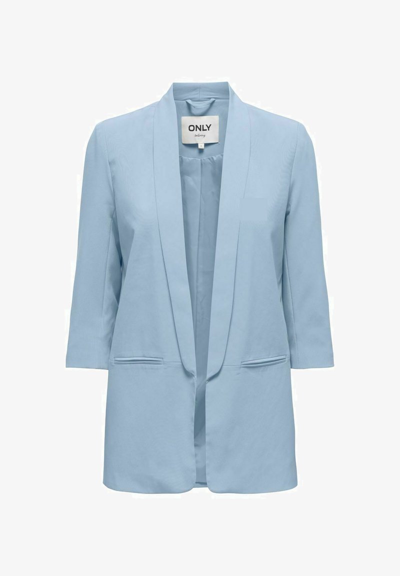 Blazer azzurro chiaro realizzato in un tessuto morbido con colletto a scialle, apertura frontale, maniche a tre quarti e tasche laterali.