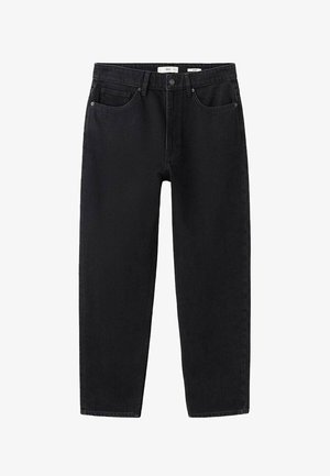 Blugi negri drepti din denim cu nasture frontal, bucle pentru curea și design cu cinci buzunare, așezați pe o suprafață albă.