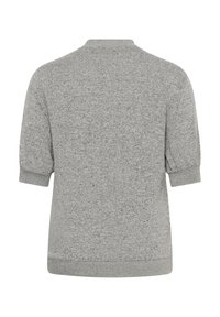 Harmaa neulepaita pehmeästä, tekstuurilla varustetusta kankaasta. Varustettu lyhyillä, pullistetuilla hihoilla ja pyöreällä kaula-aukolla, jossa on joustinneule. Yksinkertainen muotoilu.