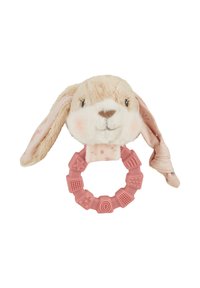Pacifier toy featuring a soft rabbit head in beige and pink, with a textured, rubber pink ring for teething, including various patterns.