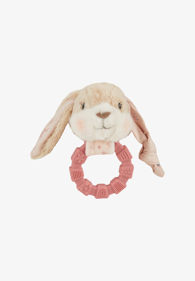 Pacifier toy featuring a soft rabbit head in beige and pink, with a textured, rubber pink ring for teething, including various patterns.