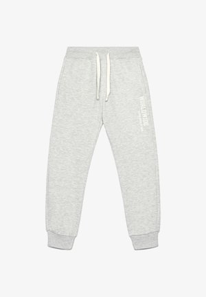 Pantaloni della tuta grigi con vita elastica e coulisse bianche. Presentano tasche laterali e la scritta "WORLDWIDE" stampata verticalmente in bianco sulla gamba.