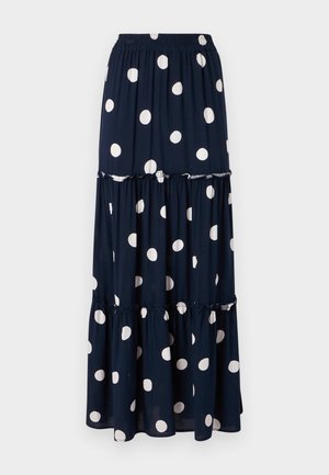 Tamno plava maksi suknja s točkicama bijelih kružnih uzoraka, s višeslojnim dizajnom i elastičnom waistbandom za udobnost.