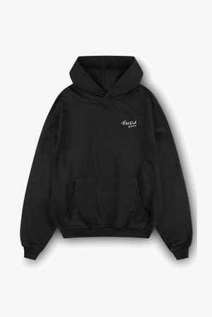 Black hooded sweatshirt made of cotton blend. Features a kangaroo pocket and ribbed cuffs. Small text logo on the left chest. Smooth texture.