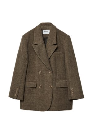 Blazer doppiopetto in tweed marrone con revers, due tasche frontali e sei bottoni decorativi sulle maniche. Design strutturato e testurizzato.