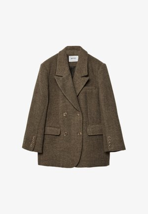 Rjav karo dvoredni blejzer z odrezanim ovratnikom, dvema sprednjima žepoma in šestimi gumbnimi poudarki na rokavih. Teksturiran, strukturiran dizajn.