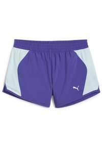 Pantaloni scurți atletici de culoare violet cu panouri laterale din plasă bleu deschis, talie elastică și logo alb pe față.  Material neted, design până la genunchi.