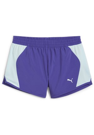 Purple athletic shorts with light blue mesh side panels, elastic waistband, and white logo on the front. Smooth fabric, knee-length design.