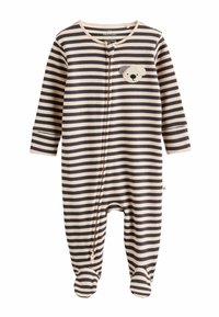Striped baby onesie in cream and dark gray, featuring a zip closure and a small bear patch on the chest. Soft fabric with footed legs.