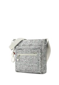 Petit sac bandoulière avec petit motif rectangulaire noir et blanc, poche avant zippée, sangle d'épaule grise réglable et attache clip argentée.