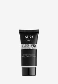Black plastic tube with a black and white label, text reading “STUDIO PERFECT PHOTO-LOVING PRIMER,” 30 mL, matte finish, curved cap.