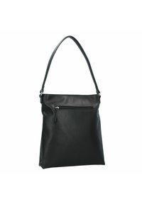 Sac fourre-tout en cuir noir avec une seule bandoulière, texture lisse, fermeture zippée sur le dessus et poche zippée à l'avant. Design simple et fonctionnel.