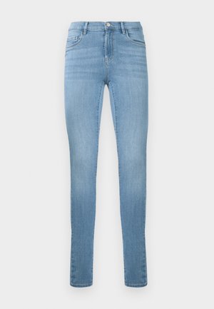 Light blue skinny jeans in denim fabric. Features five pockets, belt loops, and a front button closure. Smooth texture with slight fading.