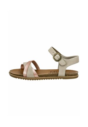 Sandal in beige chiaro con una fascetta metallica rosa, fibbia regolabile alla caviglia, soletta testurizzata e suola in gomma rigata.