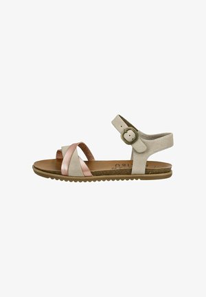 Helle beiges Sandale mit einem pinkfarbenen metallischen Riemen, verstellbarem Knöchelverschluss, strukturiertem Fußbett und einer gerippten Gummisohle.