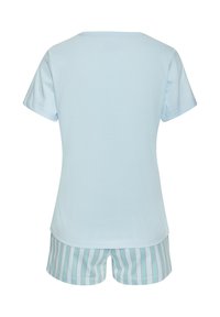 Light blue cotton t-shirt with short sleeves, paired with striped shorts in blue and white with red accents. Simple, relaxed fit design.